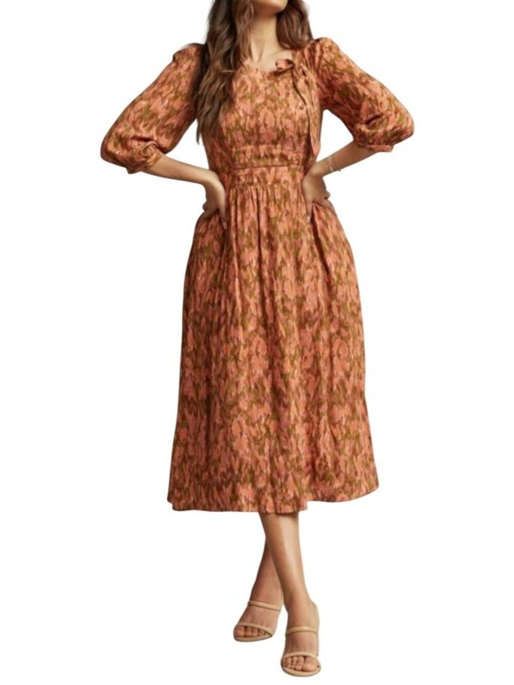 Downeast XS Floral Midi Dress With 3/4 Sleeves & Tie Neck In Pink & Olive.NWT